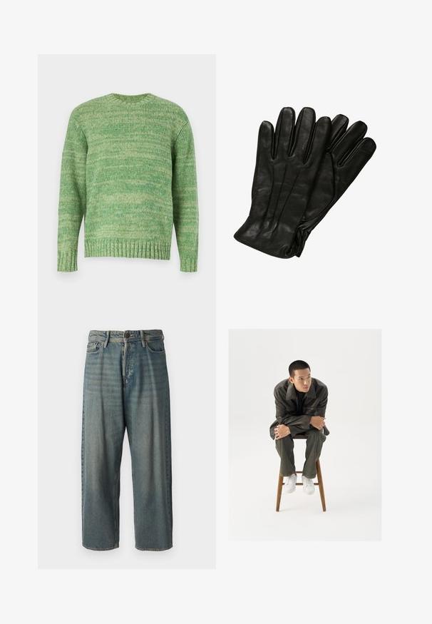Jack & Jones JORWINTER SPACE - Svetr - lima bean green; Světle modré denimové džíny s volným střihem, středně vysokým pasem a rovnými nohavicemi. Obsahují pět kapes, poutka na opasek a zapínání na knoflík.; Hnědá kožená bunda se širokým límcem, kombinovaná s tmavě zelenými džíny a bílými teniskami. Model sedí na dřevěném stoličce.; Černé kožené rukavice s hladkým povrchem, pěti prsty a jemnými švy. Klasický design, vhodný pro použití v chladném počasí.