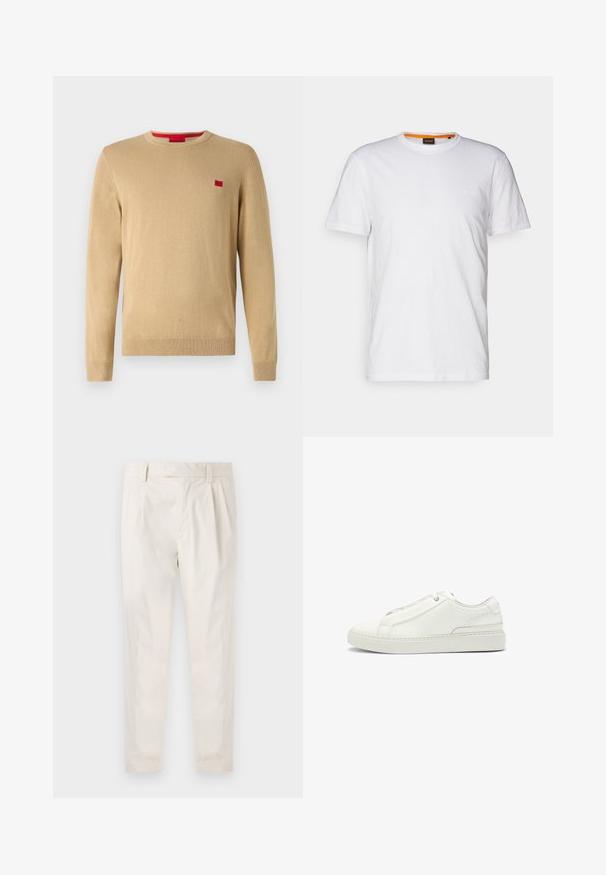 Beiger Pullover mit rundem Halsausschnitt, langen Ärmeln und gerippten Bündchen. Verfügt über ein kleines rotes Logo auf der Brust. Weiche, gestrickte Textur.; Weißes Baumwoll-T-Shirt mit Rundhalsausschnitt, kurzen Ärmeln und einem dezenten geprägten Logo auf der Brust. Das Innenschild hat einen orangefarbenen Akzent.; Weiße, plissierte Hose mit taillierten Schnitt, die eine glatte Textur, Gürtelschlaufen und schmal zulaufende Beine aufweist. Keine sichtbaren Taschen oder Muster.; Weiße Leder-Sneaker mit strukturierter Oberseite, runder Zehenform, minimalistischem Design und Gummisohle mit gestickten Details.