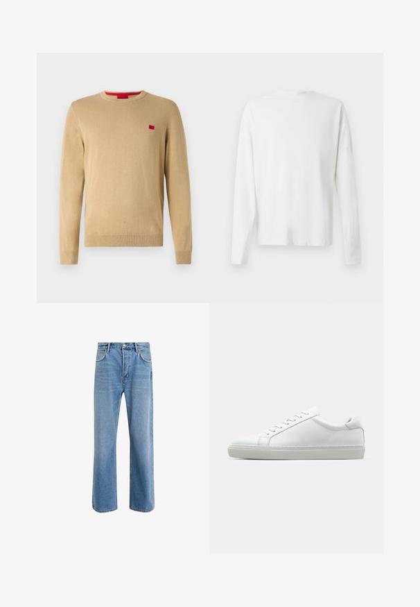 Bež pulover z okroglo izreznico, dolgimi rokavi in rebrastimi manšetami. Na prsih je majhna rdeča oznaka. Mehak pleten material.; Bela bombažna srajca z dolgimi rokavi in okroglo ovratnikom, z bočnimi razporki na dnu in gladko teksturo, prikazana s hrbtne strani.; Svetlo modre denim kavbojke s ravno nogavico, petimi žepi, z gumbom za zapiranje, minimalnim zbledelostjo in kontrastnimi šivi.; Bela športna obutev z gladkim usnjenim zgornjim delom in nizkim profilom. Ima zaokrožen nos, šest lukenj za vezalke in teksturiran gumijast podplat.