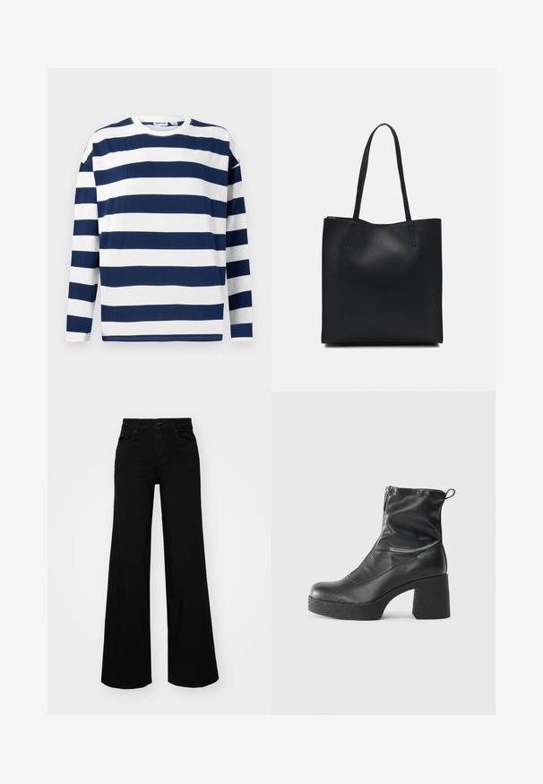 Langarm-T-Shirt in Marineblau mit weißen Streifen. Aus Baumwolle gefertigt, mit Rundhalsausschnitt und geradem Saum. Glatte Textur, lässiges Design.; Schwarze weit geschnittene Hose aus Denim, mit einem strukturierten Bund, Gürtelschlaufen und Fronttaschen. Glatte Textur mit klassischem Design.; Schwarze Stiefeletten aus glattem Leder mit seitlichem Reißverschluss, klobigem strukturiertem Absatz und runder Zehenform.; Schwarze Laptoptasche aus Leder mit glatter Textur, rechteckiger Form und zwei langen Griffen. Keine sichtbaren Beschläge oder Verzierungen.
