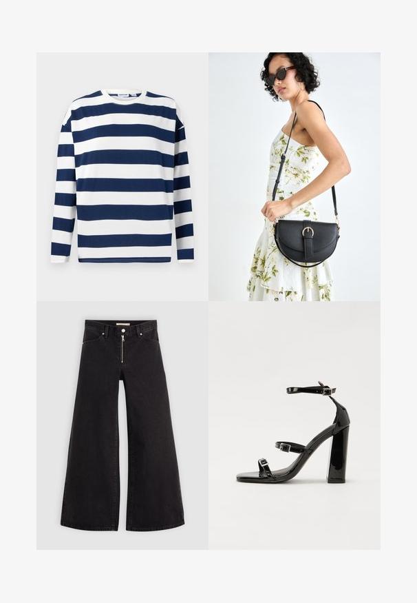 Tricou cu mâneci lungi, navy cu dungi albe. Fabricat din bumbac, cu decolteu rotund și tiv drept. Textură netedă, design casual.; Jeans cu picioare largi din denim negru, cu fermoar în față, design cu cinci buzunare și detalii subtile de cusătură. Textură netedă și stil casual.; Sandale cu toc din patent negru, cu vârf pătrat, curele la gleznă și catarame din argint. Dispune de un toc gros pentru stabilitate.; Geantă din piele neagră, cu o formă curbată, curea detașabilă și accesorii aurii. Geanta are un capac cu un detaliu tip cataramă.