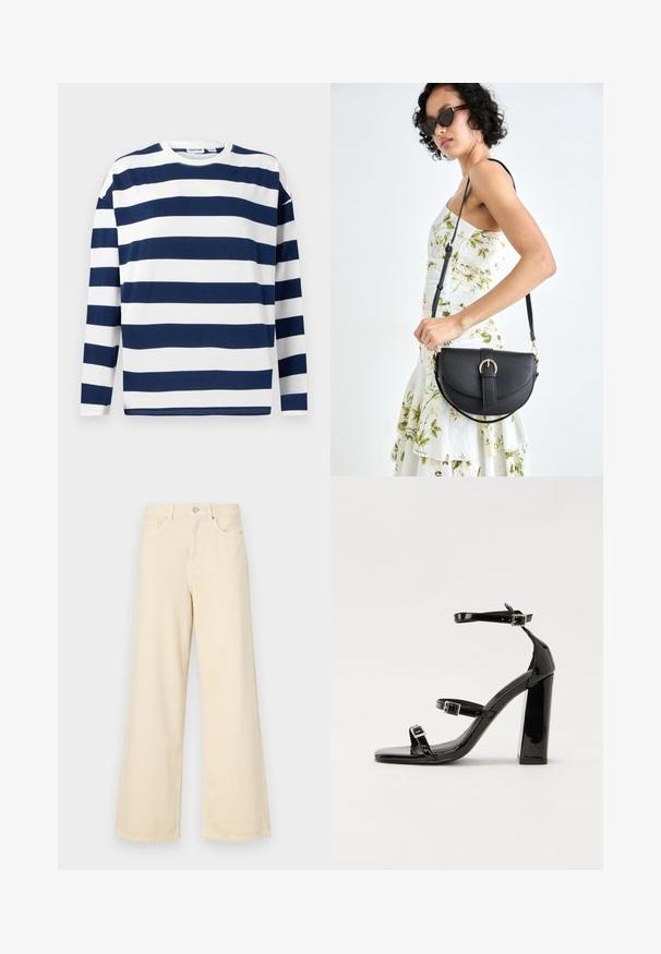 Dugulja s dugim rukavima u tamnoplavoj i bijeloj prugastoj kombinaciji. Izrađena od pamuka, s okruglim izrezom i ravnim rubom. Glatka tekstura, ležeran dizajn.; Bež traperice širokih nogavica napravljene od pamuka. Imaju zatvaranje na dugme, petlje za remen i prednje džepove s glatkom, mekanom teksturom.; Crne lakirane sandale na pete sa kvadratnim nosom, trakama oko gležnja i srebrnim kopčama. Imaju čvrst blok petu za stabilnost.; Crna kožna torba s lukovitim oblikom, odvojivim remenom i zlatnim detaljima. Torba ima preklop s kopčom.