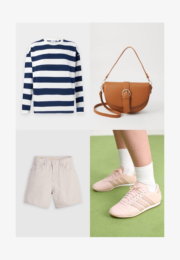 Long-sleeve t-shirt in navy and white stripes. Made of cotton, featuring a crew neckline and straight hem. Smooth texture, casual design.; High-waisted beige denim shorts with a buttoned front, belt loops, and five-pocket design; lightweight with a smooth texture.; Light pink athletic shoes with diagonal stitching, white soles, and three lateral stripes. Worn with ribbed white socks on green surface.; Brown leather crossbody bag with a curved shape, gold hardware, and a buckle accent. Features a detachable shoulder strap.