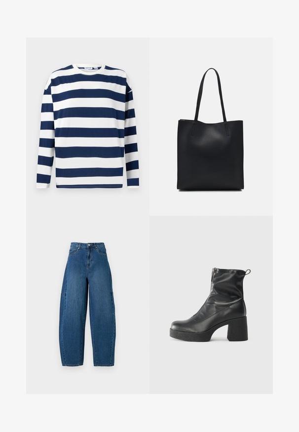 Kék és fehér csíkos, hosszú ujjú póló. Pamutból készült, kerek nyakkivágással és egyenes szegéllyel. Sima textúra, laza stílus.; Közepes kék mosású farmernadrág, magas derékkal, széles lábszárral és hagyományos öt zsebes kialakítással, látható varrási részletekkel.; Fekete bokacsizmák sima bőrből, oldalsó cipzárral, vastag, texturált sarkú és lekerekített orrú dizájnnal.; Fekete bőrtáska sima felszínnel, téglalap alakú, két hosszú füllel. Nincs látható fémkiegészítő vagy díszítés.