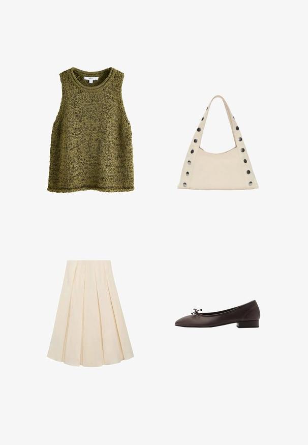 Olivotzelený pletený top bez rukávů s kulatým výstřihem, který má strukturovaný vzor a volný střih. Okraje jsou pečlivě zakončené.; Skládaná sukně z krémového materiálu; má jemnou strukturu, středně dlouhý střih a symetrické sklady, které sahají od pasu až k lemu.; Hnědé kožené baletky s kulatou špičkou a malým blokovým podpatkem. Mají tenkou mašličku vpředu a decentní švy.; PULL&BEAR SHOULDER - Velká kabelka - beige