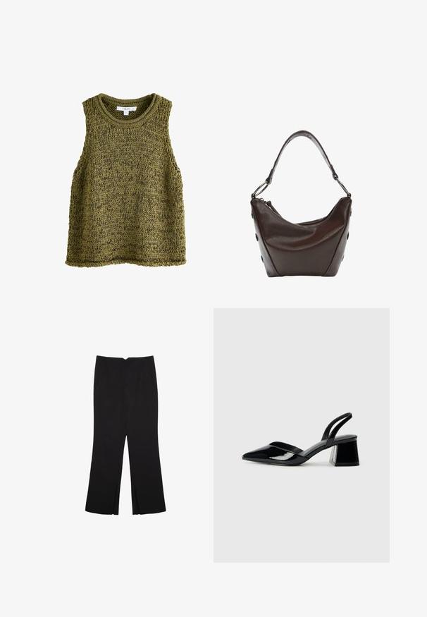Maslinasto zelena pletena majica bez rukava s okruglim izrezom, koja ima teksturirani uzorak i opušteni kroj. Rubovi su lijepo završeni.; Crne hlače ravnog kroja, s prednjim džepovima i bočnim prorezima na rubu. Izrađene od mekog i glatkog materijala. Pogodne za razne prigode.; Crne lakirane kožne sandale s otvorenom petom i špicastim vrhom, s geometrijskom blok petom. Imaju elegantan, minimalistički dizajn i glatku teksturu.; Tamno smeđa kožna torba sa zakrivljenim oblikom, zatvaranjem na zip i kratkom drškom. Ima metalne detalje i dekorativne crne dugmadi sa strane.
