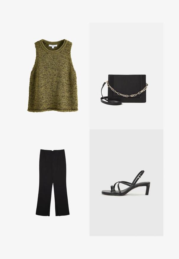 Olivgrünes, gestricktes, ärmelloses Oberteil mit Rundhalsausschnitt, ausgestattet mit einem strukturierten Muster und entspannter Passform. Die Kanten sind sorgfältig verarbeitet.; Schwarze Hose mit geradem Schnitt, ausgestattet mit Fronttaschen und Seitenschlitzen am Saum. Hergestellt aus weichem, glattem Stoff. Geeignet für verschiedene Anlässe.; Schwarze Sandale mit Riemchen, quadratischer Zehenform und niedrigem Blockabsatz. Verfügt über mehrere dünne Riemen und einen verstellbaren Knöchelriemen. Hergestellt aus glattem Leder.; Schwarze Leder-Crossbody-Tasche mit glatter Textur, rechteckiger Form und metallic-kettendetail auf der Vorderseite. Verstellbarer Gurt inklusive.; Mango Armband - gold-coloured