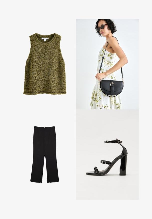 Oliven grøn strikket ærmeløs top med rund halsudskæring, prydet med et struktureret mønster og afslappet pasform. Kanterne er pænt færdigbehandlede.; Sorte bukser med lige pasform, der har frontlommer og slidser i kanten. Lavet af blødt, glat stof. Velegnet til forskellige anledninger.; Sorte patenterede hælsandaler med firkantet tå, ankelremme og sølvspænder. Har en chunky blokHæl for stabilitet.; Sort læderhåndtaske med en buet form, aftagelig rem og guldfinish. Tasken har en klap med en spænde detalje.