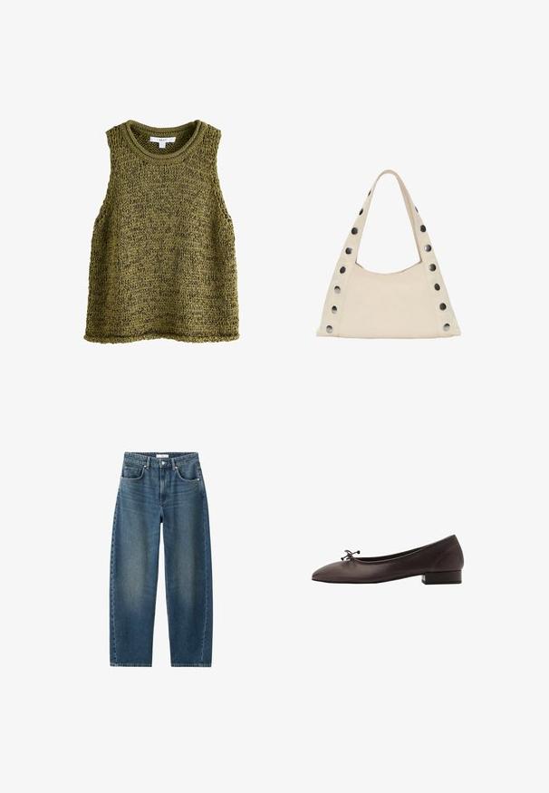 Olivotzelený pletený top bez rukávů s kulatým výstřihem, který má strukturovaný vzor a volný střih. Okraje jsou pečlivě zakončené.; Tmavě modré džíny s rovnými nohavicemi, designem pěti kapes a klasickým knoflíkovým zapínáním. Měkká textura s jemným vyblednutím.; Hnědé kožené baletky s kulatou špičkou a malým blokovým podpatkem. Mají tenkou mašličku vpředu a decentní švy.; PULL&BEAR SHOULDER - Velká kabelka - beige