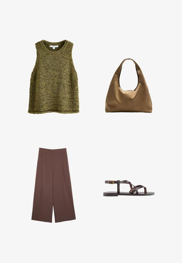 Oliven grøn strikket ærmeløs top med rund halsudskæring, prydet med et struktureret mønster og afslappet pasform. Kanterne er pænt færdigbehandlede.; Brune bredbunde bukser med en glat tekstur, der har høj talje og plisseringer foran. Stoffet er let og falder løst.; Brune lædersandal med krydsende stropper, ankelspænde og en flad sål med minimale syninger.; Brun stof skuldertaske med en bred, rundet krop og et stort udsnit håndtag. Blød tekstur, minimalistisk design og ingen synlig hardware.