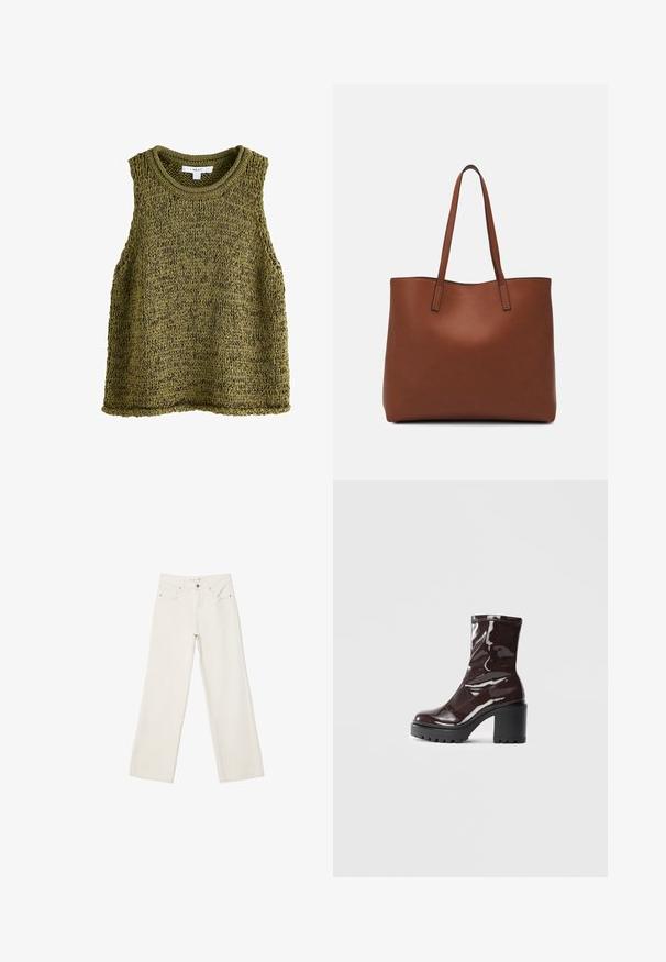 Oliven grøn strikket ærmeløs top med rund halsudskæring, prydet med et struktureret mønster og afslappet pasform. Kanterne er pænt færdigbehandlede.; Hvide brede bukser lavet af denim, med høj talje, frontlommer og knaplukning. Renset design med minimale accenter.; Glatte burgunder ankelstøvler med en chunky sort hæl, der har en glat tekstur og et simpelt design. Ingen synlige lukninger eller mønstre.; Brun læder tote taske med en glat overflade, åben topdesign og to skulderremme. Har minimal syning og ingen synlig hardware.