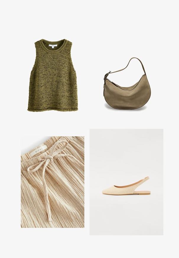 Oliven grøn strikket ærmeløs top med rund halsudskæring, prydet med et struktureret mønster og afslappet pasform. Kanterne er pænt færdigbehandlede.; Beige teksturerede shorts med en samlet talje og en frontbinding, lavet af let stof med fine, lodrette linjer.; Beige slingback flade med spids tå, lavet af struktureret stof, med en lav og fleksibel sål og et åbent hældesign.; Brun ruskinds hobo taske med en buet form, enkelt skulderrem, lynlås lukning og glat tekstur. Enkel design med minimale hardware detaljer.