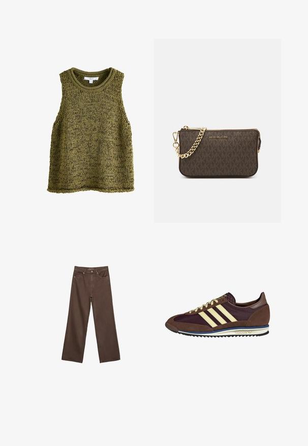 Olijfgroen gebreid mouwloos topje met een ronde halslijn, voorzien van een textuurpatroon en een relaxte pasvorm. Randen zijn netjes afgewerkt.; Brede bruine spijkerbroek van denim, met een hoge taille, voorzakken en een klassieke knoopsluiting. Soepele textuur met subtiele stiksels.; Bruine en bordeauxkleurige sneaker van suede en mesh materiaal, met drie crèmekleurige strepen, een gemêleerd stof op de tong en een rubberen zool.; Bruin leren schoudertas met logo-patroon, gouden kettingband, ritsluiting en gouden hardwareaccenten. Compacte en rechthoekige vorm.