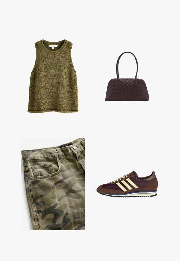 Oliivivihreä neulottu hihaton paita, jossa on pyöreä kaula-aukko. Paitassa on teksturoitu kuosi ja rento istuvuus. Reunat on viimeistelty siististi.; Next Farkkushortsit - camo print; Ruskea ja burgundin värinen lenkkari, jossa on yksityiskohtina mokkaa ja verkkomateriaalia, kolmea kermaista raitaa, tekstuuripinta kielekkeessä ja kumipohja.; Kudotusta ruskeasta nahasta valmistettu käsilaukku, jossa on pyöreä muoto, kaksinkertaiset yläkahvat ja sileä pinta; sisältää hienovaraisia ompelukuvioita suunnittelun yksityiskohtana.