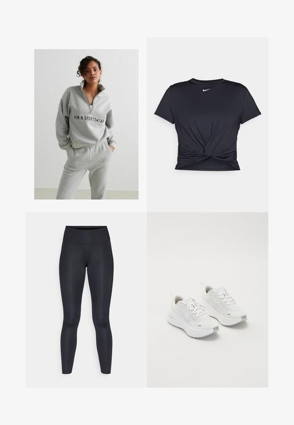 Grå tröja med dragkedja i kragen, med en logotyp i mitten. Matchas med grå sweatpants med elastisk midjeband.; Svart atletisk t-shirt i mjukt tyg, med en knuten framdesign och en liten vit Nike-logga på bröstet.; Svarta leggings gjorda av ett smidigt, elastiskt tyg. Hög midja utan synliga mönster eller detaljer. Sitter tätt från midjan till anklarna.; Vita atletiska skor med en texturerad mesh-övre, dämpad sula och diskreta grå accenter. Inkluderar logotyp och slinga vid hälen för lätt påtagning.