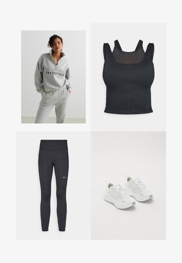 Szary sweter z suwakiem, z logo na środku. W zestawie z dopasowanymi szarymi spodniami dresowymi z elastycznym pasem.; Czarny biustonosz sportowy o dopasowanym kroju, z szerokimi ramiączkami i siateczkowym wykończeniem z przodu. Gładka tekstura i minimalne szwy. Logo Nike na dolnym brzegu.; Czarne legginsy z elastycznego materiału, z wysokim pasem i białym logo Nike na lewym udzie. Gładka tekstura, dopasowany krój.; Białe buty sportowe z teksturowaną siateczką u góry, amortyzowana podeszwa i subtelne szare akcenty. Zawierają logo i pętlę z tyłu dla łatwego zakładania.