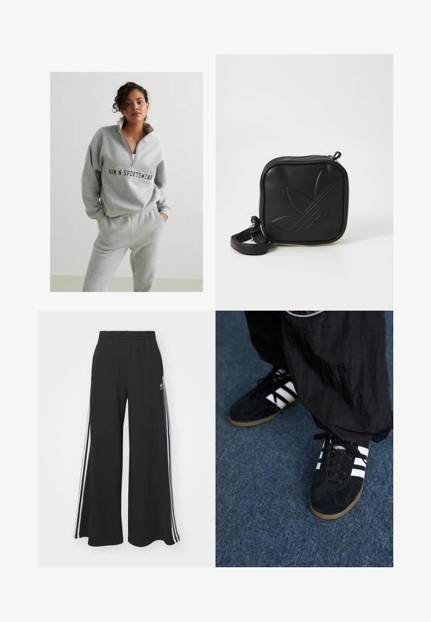 Grauer Pullover-Sweatshirt mit Reißverschlusskragen, versehen mit einem Logo in der Mitte. Kombiniert mit passenden grauen Jogginghosen mit elastischem Bund.; Schwarze weite Sweatpants mit elastischem Bund, versehen mit weißen Seitestreifen und einem gestickten Logo auf dem linken Oberschenkel.; Schwarze Wildleder-Sportschuhe mit drei weißen Streifen und schwarzen Schnürsenkeln. Eine strukturierte schwarze Hose ist teilweise neben den Schuhen sichtbar.; Schwarze Umhängetasche aus strukturiertem synthetischem Material. Verfügt über ein eingeprägtes Logodesign und einen verstellbaren Riemen. Mit Reißverschluss geschlossen.