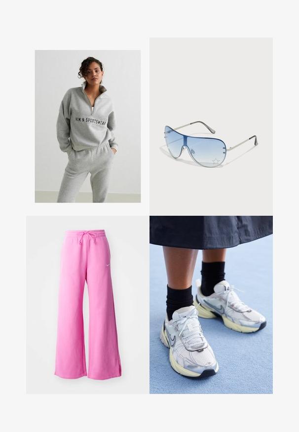 Felpa grigia con zip e collo a zip, con un logo centrale. Abbinata a pantaloni sportivi grigi con vita elastica.; Pantaloni sweat a gamba larga rosa realizzati in morbido cotone, con una vita regolabile tramite coulisse e un piccolo logo bianco sul davanti.; Nike sneakers bianchi e argento con tessuto in rete, dettagli riflettenti e suola beige. Indossati con calze nere, in piedi su una superficie blu.; Occhiali da sole aviator con lenti blu sfumate, montatura in metallo argentato e decorazioni a forma di stella sulle lenti. Design liscio e sofisticato.