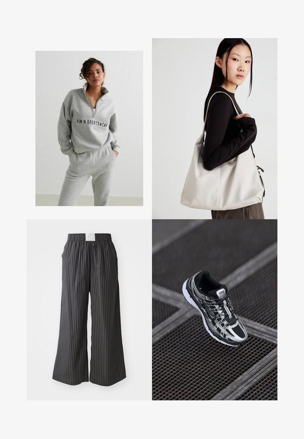 Hall grey pullover-sweater, milleka kapuutsiga, millel on keskel logo. Koos hallide dressipükstega, mis on elastse vöökoha ja sobivad.; Mustriliste mustad ja hallid laiad püksid elastse vöökohtaga ning taga Nike logo silt. Kerge kangas, lai lõige.; Nike jooksutossud musta ja hõbedase värvigammaga, võrkmaterjalist pealts, tekstuuriga tallad ja kindla istumise tagav paeltesüsteem.; Bež käekott pehme materjali, millel on lõtv disain, õmblustega detailid ja kaks õlarihma. Sobib igapäevaseks kasutamiseks.