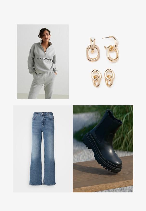 Pelēks pulovers ar rāvējslēdzēju apkaklē, ar viduslīnijas logo. Pāris ar atbilstošām pelēkām sporta biksēm ar elastīgu jostasvīzi.; Mos Mosh MAI - Džinsi ar taisnām starām - blue wash; Melnas ādas potīšu zābaki ar masīvu zoli, elastīgiem sānu paneļiem un gludu apdari. Paaugstināts dizains ar kontrastējošu zoles rakstu.; Zelta toņa auskari ar ģeometrisko formu maisījumu: kvadrāts, aplis un saistīti ovālie dizaini ar pulētu apdari.