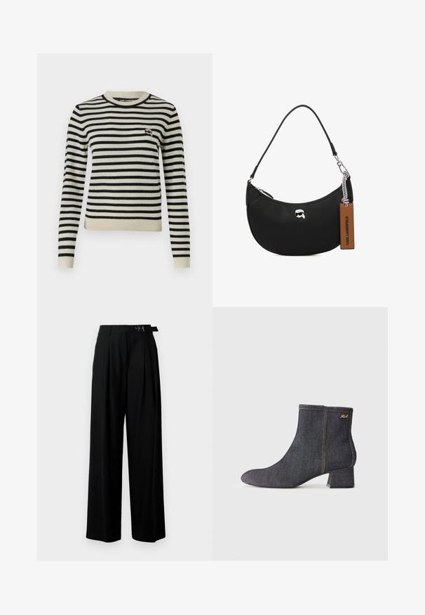 Csíkos pulóver krém és fekete színben, bordás kerek nyakkal, hosszú ujjakkal, testhezálló fazonnal, kisebb logóval ellátva a mellrészen.; Fekete, bő szárú nadrág magas derékkal, elöl pliszírozva, és csattal ellátott övvel. Simább, könnyű anyagból készült.; Sötét farmer anyagú boka csizma, hegyes orral, tömb sarkal, látható varrással és diszkrét márkalogóval az oldalon. Simább textúrával.; Fekete bőrtáska, melynek felülete szemcsés, ívelt formájú, felül zippzárral záródik, ezüst színű fémrészletekkel és barna cimkével rendelkezik. Jellemzője a logós díszítés.