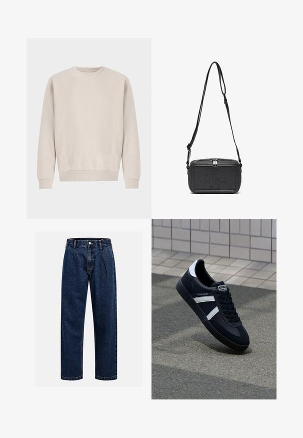 Beige crewneck sweatshirt gemaakt van zachte katoen, met een ontspannen pasvorm, ribgebreide boorden en zoom, zonder zichtbare patronen of hardware.; Donkerblauwe denim jeans met een rechtlopende pasvorm. Beschikt over zichtbare stiksels, een knoopsluiting en voorste plooien voor extra detail.; Zwarte leren sneaker met witte strepen, een gestructureerde rubberen zool en vetersluiting aan de voorkant. Voorzien van een merklabel op de tong.; Zwarte leren schoudertas met een ritssluiting, reliëflogo aan de voorkant en een verstelbare schouderriem. Gladde textuur met een rechthoekige vorm.