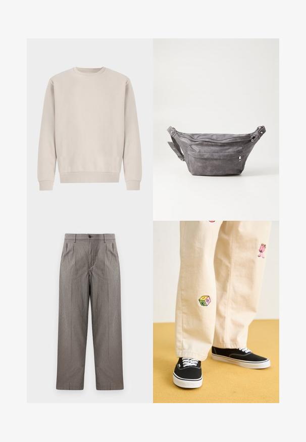 Beżowy sweter z okrągłym dekoltem wykonany z miękkiej bawełny, charakteryzujący się luźnym krojem, ściągaczami przy rękawach i u dołu, bez widocznych wzorów czy elementów metalowych.; Spodnie w szary wzór houndstooth o prostym kroju nogawki, z zaszewkami, pasem z zapięciem na guzik oraz kieszeniami bocznymi.; Beżowe bawełniane spodnie z zabawnymi haftowanymi wzorami, w tym różową postacią i kolorowym blokiem, w połączeniu z czarnymi sznurowanymi sneakersami.; Szara zamszowa saszetka biodrowa o zaokrąglonym kształcie, z dwoma zasuwanymi komorami i regulowanym paskiem. Wyróżnia się metalowymi akcentami.