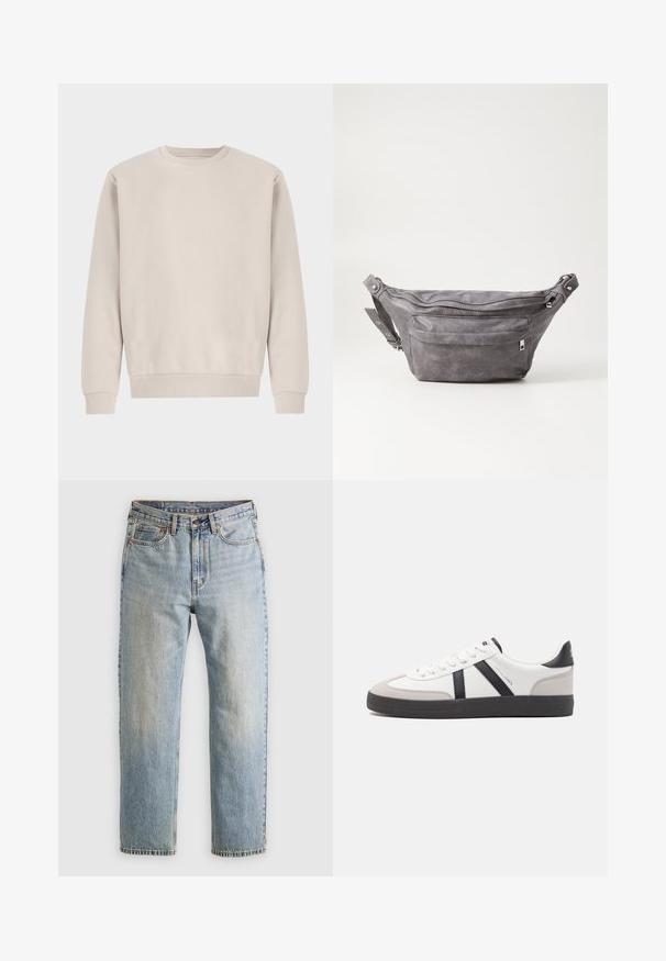 Felpa beige a girocollo realizzata in morbido cotone, con una vestibilità comoda, polsini e orlo a coste, senza motivi visibili o accessori.; Jeans in denim azzurro chiaro con vita alta, bottone anteriore, cerniera e design a cinque tasche, adagiati su uno sfondo neutro.; Sneaker bianco con accenti neri e grigi, dotata di una punta grigia testurizzata, suola in gomma nera e lacci bianchi piatti. Design pulito, stile minimalista.; Fanny pack in suede grigio con forma arrotondata, due scomparti con cerniera e tracolla regolabile. Presenta dettagli in metallo.