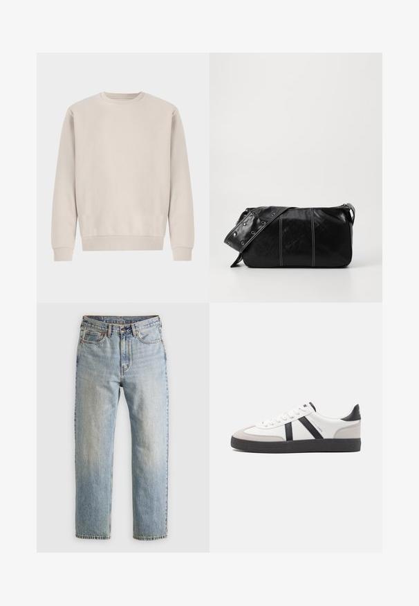 Beige crewneck sweatshirt lavet af blødt bomuld, med en afslappet pasform, ribbede mansjetter og kant, uden synlige mønstre eller hardware.; Lysblå denim jeans med høj talje, frontknap, lynlås og fem-lomme design, lagt fladt på en neutral baggrund.; Hvide sneakers med sorte og grå detaljer, med en tekstureret grå tåhætte, sort gummisål og flade hvide snørebånd. Rent design, minimalistisk stil.; Sort læder skuldertaske med lynlås, der har en tekstureret overflade, hvid syning og en rem med sølvøskner.