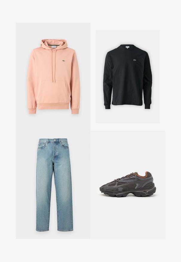 Roze dukserica napravljena od mekog materijala, sa kenguruh džepom, kapuljačom sa šniranjem, rebrastim manžetama i malim zelenim logom na prsima.; Crna majica dugih rukava od pamuka, s okruglim izrezom i malim zelenim izvezenim logotipom krokodila s lijeve strane prsnog dijela.; Svijetloplavi traperice s opuštenim krojem, ravnim nogavicama, dizajnom s pet džepova i kopčanjem na gumbe u struku. Minimalistički detalj šivanja.; Lacoste tenisice u tamno sivoj boji s mrežastim i sintetičkim materijalom, s teksturiranom potplatom i smešnim akcentima na ovratniku i brandiranju.