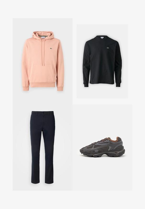 Rózsaszín kapucnis pulóver puha anyagból, kenguru zsebbel, állítható kapucnival, bordázott mandzsettákkal és egy kis zöld logóval a mellkasán.; Fekete hosszú ujjú pamut póló, kerek nyakkivágással, bal mellen egy kis zöld hímzett krokodil logóval.; Sötétkék nadrág sima anyagból, egyenes szárú kialakítással, övhurkokkal és gombos záródással, cipzáras kivitelben.; Sötét szürke Lacoste sportcipők hálós és szintetikus anyagból, textúrázott talppal és barna díszítésekkel a nyak részen és a logón.