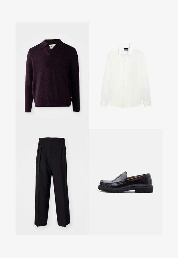 Gebreide trui in donkerpaars met een V-hals, lange mouwen, en een gestructureerde afwerking. Voorzien van een klassieke kraag en zijlabel.; Witte longsleeve shirt met een klassieke kraag, knoopsluiting en aansluitende manchetten. Gladde stof met een subtiele glans. Etiket zichtbaar bij de halslijn.; Zwarte geplooide broeken met een rechte, brede pijpontwerp. Gemaakt van soepele stof, met een knoopsluiting en riemlussen.; Zwarte leren penny loafer met chunky rubberen zool en moc-toe stiksel, in profiel weergegeven op een witte achtergrond.