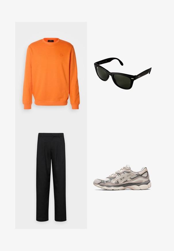 Oranje sweatshirts van katoen met een ronde hals, lange mouwen en geribde manchetten. Heeft een klein reliëflogo op de borst.; Witte button-up blouse met verticale marineblauwe strepen, lange mouwen, een borstzak en een klassieke kraag. Gladde stof met een relaxte pasvorm.; Zwarte broeken van gladde stof, met een recht model, twee voorknikken en een standaard tailleband met riemlussen.; Lichtgrijze sportschoen met een bovenwerk van mesh en suede. Beschikt over een gevoerde zool, uitgesproken overlays en een gestructureerd ontwerp.; Zwarte kunststof zonnebril met donkergroene lenzen. Het vierkante frameontwerp heeft zilveren accenten en een reliëflogo op de poot.