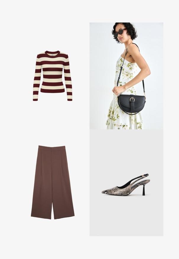 Långärmad ribbad tröja med vinröda och krämfärgade horisontella ränder, rund halsringning och figurnära design, som ger ett strukturerat utseende.; Bruna vida byxor med en slät textur, som har hög midja och framfickor. Tyget är lätt och flödar löst.; Pekade-tå slingback skor i strukturerad ormskinnsmaterial, med en smal svart klack och ett utskuret mönster på sidorna.; Svart läderhandväska med en böjd form, avtagbar rem och guldiga detaljer. Väskan har ett lock med en spänndetalj.