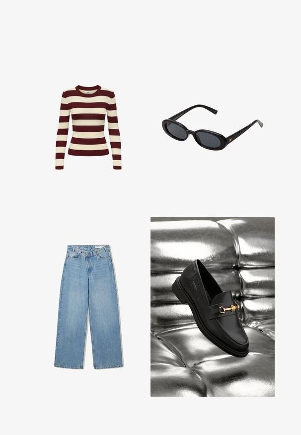 Dugi rukav, rebrasti pulover s maroon i krem horizontalnim prugama, okruglim izrezom i prilagođenim dizajnom, koji pruža teksturirani izgled.; Svijetloplave široke traperice od denima, s visokim strukom, pet džepova, zatvaranjem na gumb i suptilnim izbjeljivanjem za teksturu.; Crni kožni loafer sa detaljem od zlatnog tona. Cipele se odlikuju elegantnim dizajnom i glatkom, sjajnom teksturom.; Crne velike sunčane naočale s ovalnim staklima, glatkim plastičnim okvirom i zlatnim detaljima na sljepočnicama. Tamna stakla pružaju zaštitu od sunca.; Meka mekana smeđa torba hobo stila s jednim širokim remenom i zakrivljenim otvaranjem na vrhu, prikazana na bijeloj pozadini.