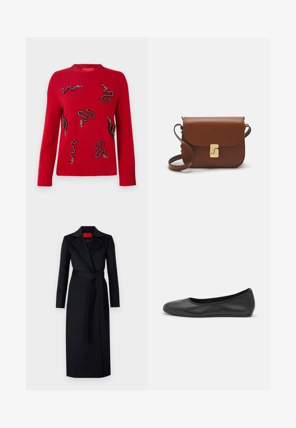 Pull en tricot rouge avec des motifs de serpents décoratifs ornés de perles, des poignets et un ourlet côtelés, et un col rond.; Manteau noir avec des manches longues, design enroulé et ceinture assortie. Fabriqué en tissu lisse, il présente un col cranté et des poches latérales.; Ballerines en cuir noir avec un bout rond, texture lisse, détails de couture minimalistes et design de semelle flexible.; Sac à main en cuir marron avec une fermeture à rabat, des accents en métal doré, une bandoulière et une texture lisse. Forme rectangulaire compacte.