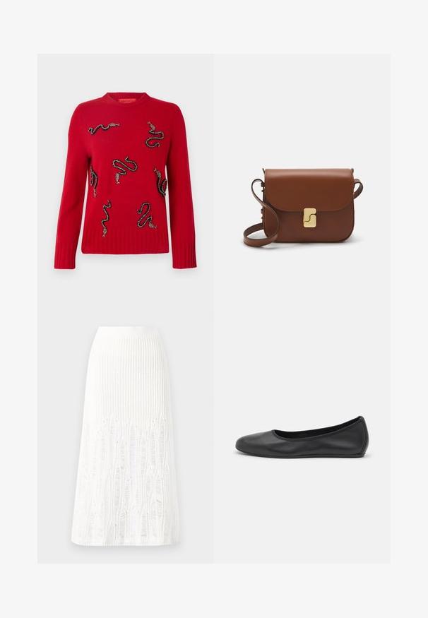 Red knitted sweater featuring decorative snake designs embellished with beads, ribbed cuffs and hem, and a crew neckline.; Knit white midi skirt featuring a textured pattern with vertical lines and cut-out details near the hem. Elastic waistband. Soft material.; Black leather ballet flat with a rounded toe, smooth texture, minimal stitching detail, and a flexible sole design.; Brown leather handbag with a flap closure, gold-tone hardware, a shoulder strap, and a smooth texture. Compact rectangular shape.