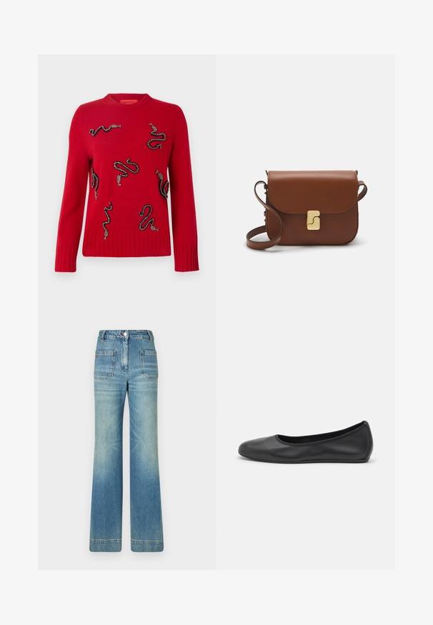 Maglione rosso lavorato a maglia con motivi di serpenti decorativi impreziositi da perline, polsini e orlo a costine e colletto rotondo.; T-shirt bianca a maniche corte realizzata in tessuto a costine. Collo rotondo, vestibilità regolare e dettagli di cucitura sottili. Senza motivi o grafiche.; Jeans a zampa d'elefante in denim azzurro chiaro con cinque tasche, passanti per cintura, chiusura con bottone e una trama leggermente sbiadita, caratterizzati da un dettaglio con logo rosso sul retro.; Pantofole da balletto nere in pelle con punta arrotondata, texture liscia, dettagli di cucitura minimi e design con suola flessibile.; Borsa a tracolla in pelle marrone con chiusura a pattina, hardware color oro, tracolla e una finitura liscia. Forma rettangolare compatta.