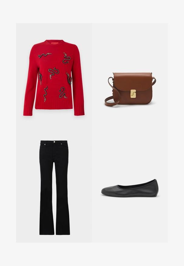 Red knitted sweater featuring decorative snake designs embellished with beads, ribbed cuffs and hem, and a crew neckline.; Black flared jeans made of denim, featuring two front pockets, a button closure, and a smooth texture. Signature stitching visible at seams.; Black leather ballet flat with a rounded toe, smooth texture, minimal stitching detail, and a flexible sole design.; Brown leather handbag with a flap closure, gold-tone hardware, a shoulder strap, and a smooth texture. Compact rectangular shape.