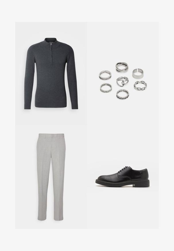Sötét szürke pulóver, magas gallérral és rövid elől felszíjazással. Puha, texturált anyagból készült, hosszú ujjal és ribbelt mandzsettával.; Világosszürke nadrág, sima textúrával, lapos elülső résszel és egyenes lábakkal. Lélegző anyagból készült, belső zsebekkel és övjáratokkal ellátva.; Fekete bőrcipő, kerek orrú, sima felületű, minimális varrással és alacsony gumitalppal. Logó a sarokrészen.; Hét ezüst gyűrűből álló szett, különböző formákkal és szélességekkel, köztük csavart, összekapcsolt és gravírozott mintákkal.