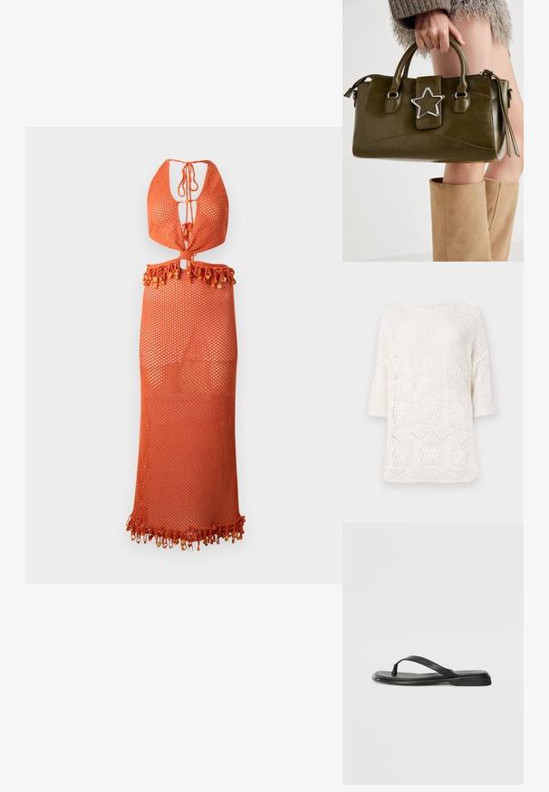 Top bianco lavorato a maglia con un motivo geometrico a openwork, scollo rotondo e maniche corte. Tessuto leggero e testurizzato.; Abito arancione in rete con design a collare halter, caratterizzato da una chiusura con lacci e un orlo frangiato decorato con perline. Leggero e semi-trasparente.; Infradito neri in pelle liscia, con un design a fascia sottile e una suola piatta dal profilo minimale. Nessun motivo o accento particolare.; Borsa a mano in similpelle verde oliva con accentatura a stella argentata, manici doppi e chiusura con zip. Superficie testurizzata e forma strutturata.