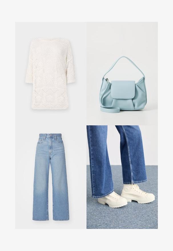 Balts adīts tops ar ģeometrisku atvērtu rakstu, apaļu kakla izgriezumu un īsām piedurknēm. Viegls un teksturēts audums.; Gaiši zili augstās jostas vidukļa platās bikses ar priekšējo pogu un rāvējslēdzēju, priekšējām un aizmugurējām kabatām uz baltā fona.; Baltas augstpapēžu tenisa apavi ar bieziem, rievotajiem zolemiem un apaļu logo detaļu, valkāti ar gaiši ziliem, platām kājām džinsiem.; Gaiši zila ādas rokassoma ar augšējo rokturi, priekšējo vāku kabatu un noņemamu roku siksniņu uz baltas fona.