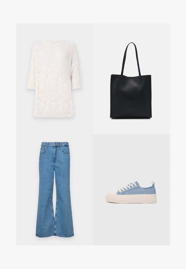 Witte gebreide top met een geometrisch opengewerkt patroon, ronde halslijn en korte mouwen. Lichtgewicht en gestructureerde stof.; Lichtblauwe flared jeans van denim, met een hoge taille, vijf zakken en een enkele knoopsluiting. Zachte textuur met een vervaagde afwerking.; Lichtblauwe canvas sneakers met een crème rubberen neuskap en zool, voorzien van witte veters en een trekstrip op de hiel.; Zwarte leren handtas met een gladde textuur, rechthoekige vorm en twee lange handvaten. Geen zichtbare hardware of versieringen.