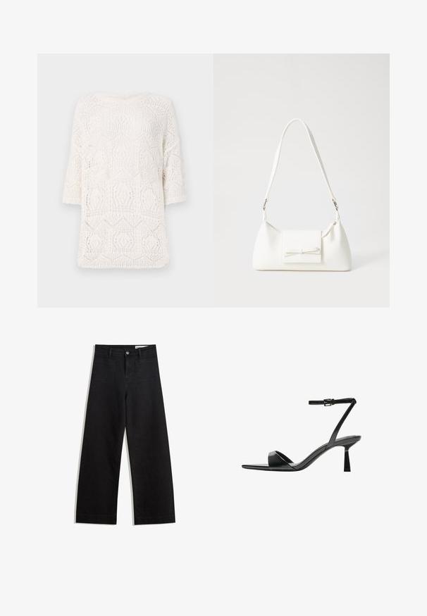 Top bianco lavorato a maglia con un motivo geometrico a openwork, scollo rotondo e maniche corte. Tessuto leggero e testurizzato.; Pantaloni in denim neri a gamba larga con vita alta, dotati di tasche anteriori e posteriori, cuciture a punto, e chiusura con bottone. Texture liscia.; Bershka Sandali con tacco - black; Borsa sintetica bianca a forma triangolare, con patta anteriore piatta e dettaglio a fiocco, tracolla regolabile, texture liscia e design minimalista.