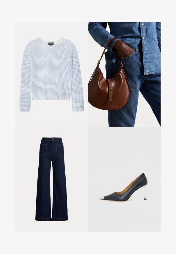 Heledsinine kampsun, millel on tekstuuriga ruuduline muster, ümar kaelus ja pikad varrukad. Valmistatud pehmest kangast, omades lühendatud pikkust.; Laiad tumed sinised teksapüksid kõrgema vöökohaga, viie tasku disainiga ja kontrastsete õmblustega. Omab nööbiga sulgemist ja struktureeritud lõiget.; Tumesinise nahast kõrgete kontsadega king, millel on terav nina, hõbedase metallist otsikuga ja läikiva hõbedase tikkkontsaga.; Pruun nahast hobo kott ümmarguse kujuga, millel on kuldne metallist detail ja kontrastne õmblus. Koos teksapitsi ja teksastega.