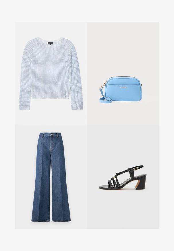 Heledsinine kampsun, millel on tekstuuriga ruuduline muster, ümar kaelus ja pikad varrukad. Valmistatud pehmest kangast, omades lühendatud pikkust.; Laiad sinised denimpüksid kõrge vöökohtusega, klassikalise viie taskuga ja nööpkinni, valmistatud tekstureeritud puuvillakangast.; Paul Smith AMIRA - Klassikalised kontsakingad - black; Hele sinine nahast ristiõlakott kuldse viimistlusega, tõmblukk, ja eesmine tasku. Omab reguleeritavat rihma mugavuse tagamiseks.