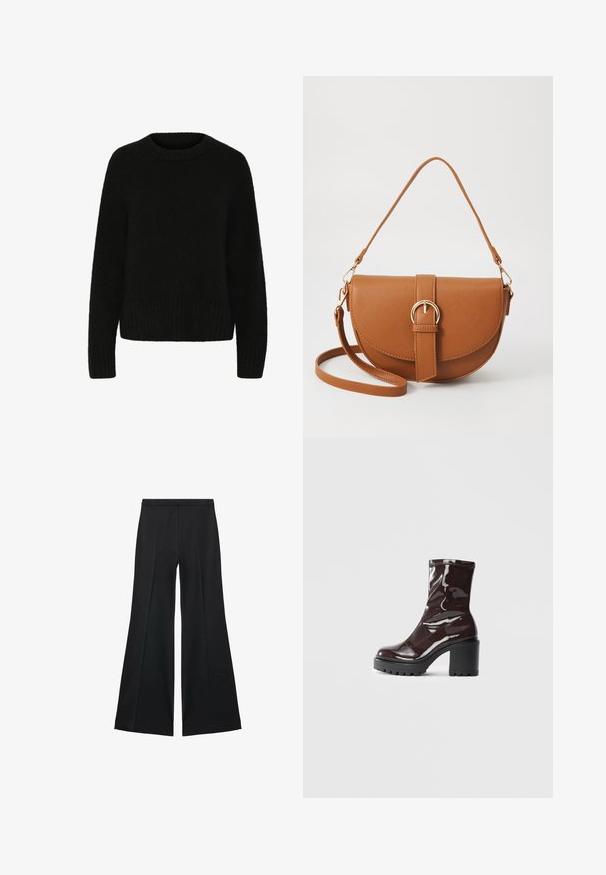 Black sweater made of soft, fuzzy material. Features a round neckline, long sleeves, and ribbed hem. Simple design with no patterns or accents.; Black wide-leg pants with a smooth texture, featuring front pleats and a tailored design. The fabric is lightweight and flowy.; Glossy burgundy ankle boot with a chunky black heel, featuring a smooth texture and simple design. No visible fastenings or patterns.; Brown leather crossbody bag with a curved shape, gold hardware, and a buckle accent. Features a detachable shoulder strap.