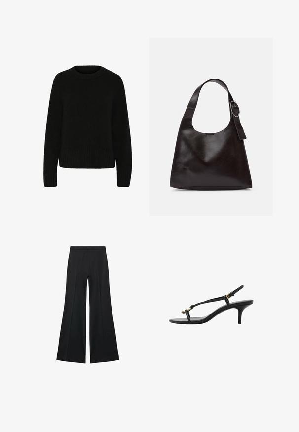 Black sweater made of soft, fuzzy material. Features a round neckline, long sleeves, and ribbed hem. Simple design with no patterns or accents.; Black wide-leg pants with a smooth texture, featuring front pleats and a tailored design. The fabric is lightweight and flowy.; Black leather kitten heel sandal with thin straps, gold buckle, and minimalist toe loop on a white background.; Brown leather shoulder bag with a smooth texture, rounded shape, wide strap, and circular metallic accent on the handle.