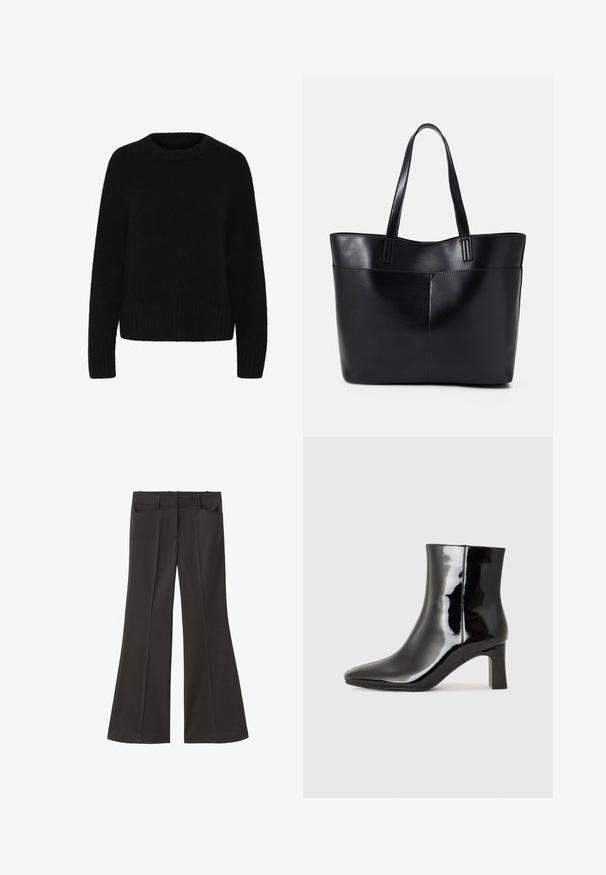 Černý svetr z měkkého, chlupatého materiálu. Má kulatý výstřih, dlouhé rukávy a žebrovaný lem. Jednoduchý design bez vzorů nebo akcentů.; Černé rozšířené kalhoty s vysokým pasem; mají dvě přední kapsy a hladkou texturu látky. Vhodné pro různé příležitosti.; Černé lakované kotníkové boty s špičatou špičkou a středně vysokým blokovým podpatkem. Hladká textura a minimalistický design.; Černá kožená taška s dlouhými ušima, hladkým povrchem a strukturovaným tvarem. Obsahuje přední kapsu pro další úložný prostor.