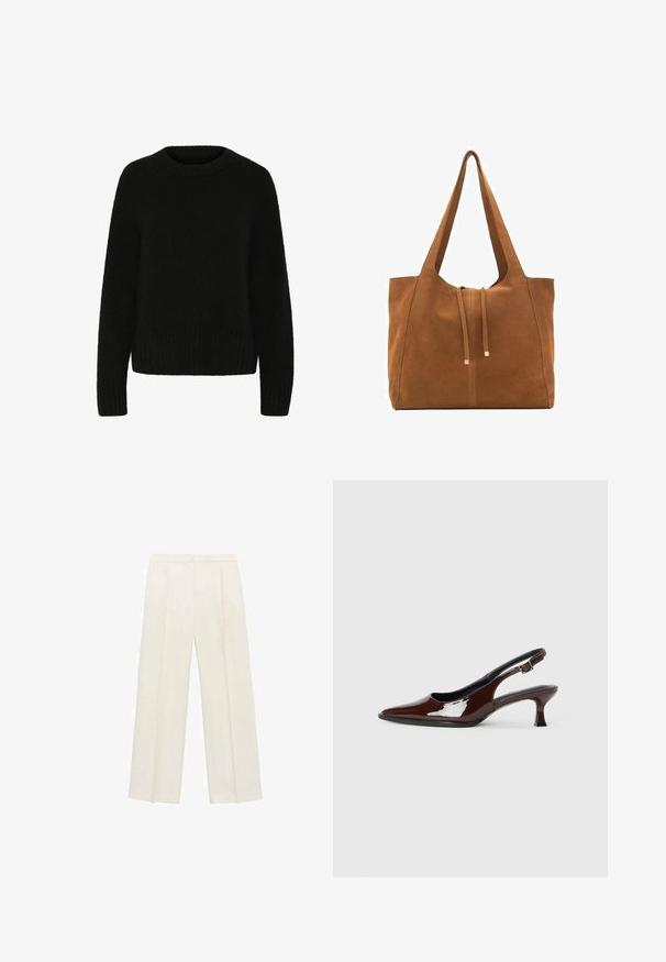 Čierny sveter vyrobený z jemného, huňatého materiálu. Má okrúhly výstrih, dlhé rukávy a pružný lem. Jednoduchý dizajn bez vzorov alebo akcentov.; Široké nohavice vo svetlej krémovej farbe. Vyrobené z hladkej látky s skladmi vpredu a bočnými vreckami.; Hnedá lakovaná slingback obuv s špicatou špičkou a mierne vysokým opätkom. Obsahuje pracku pre bezpečné upevnenie. Hladká textúra.; Hnedá semišová taška cez rameno s dvoma dlhými popruhmi, sťahovacou šnúrkou a minimalistickým dizajnom. Hladký povrch a žiadne viditeľné kovové doplnky.